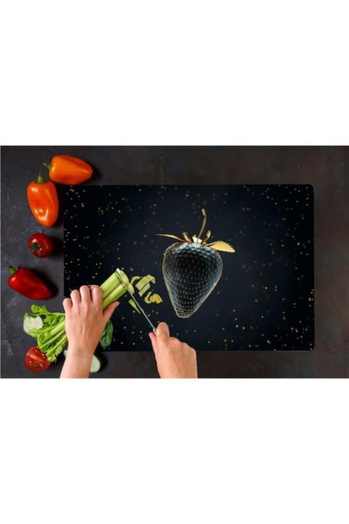 30x40 cm Cam Kesme Tahtası Altın Çilek - Resim 2