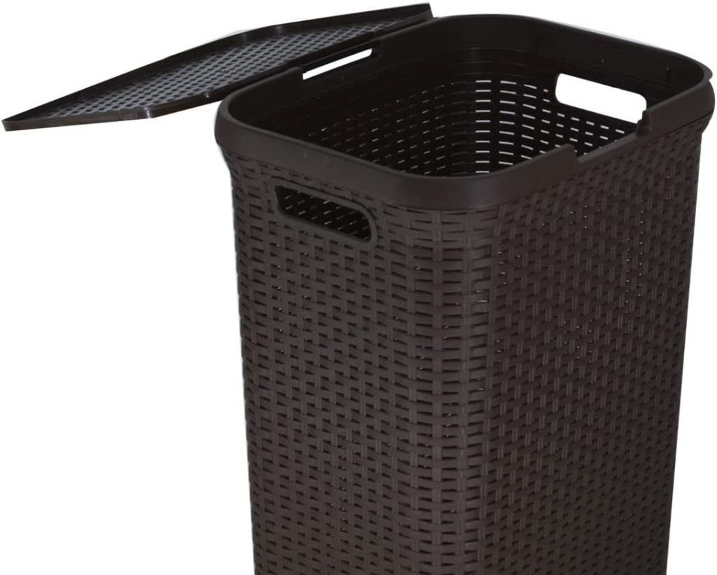 Kahverengi, Plastik Hasır Desenli Kapaklı Çamaşır Sepeti – 55x43x33cm - Resim 2