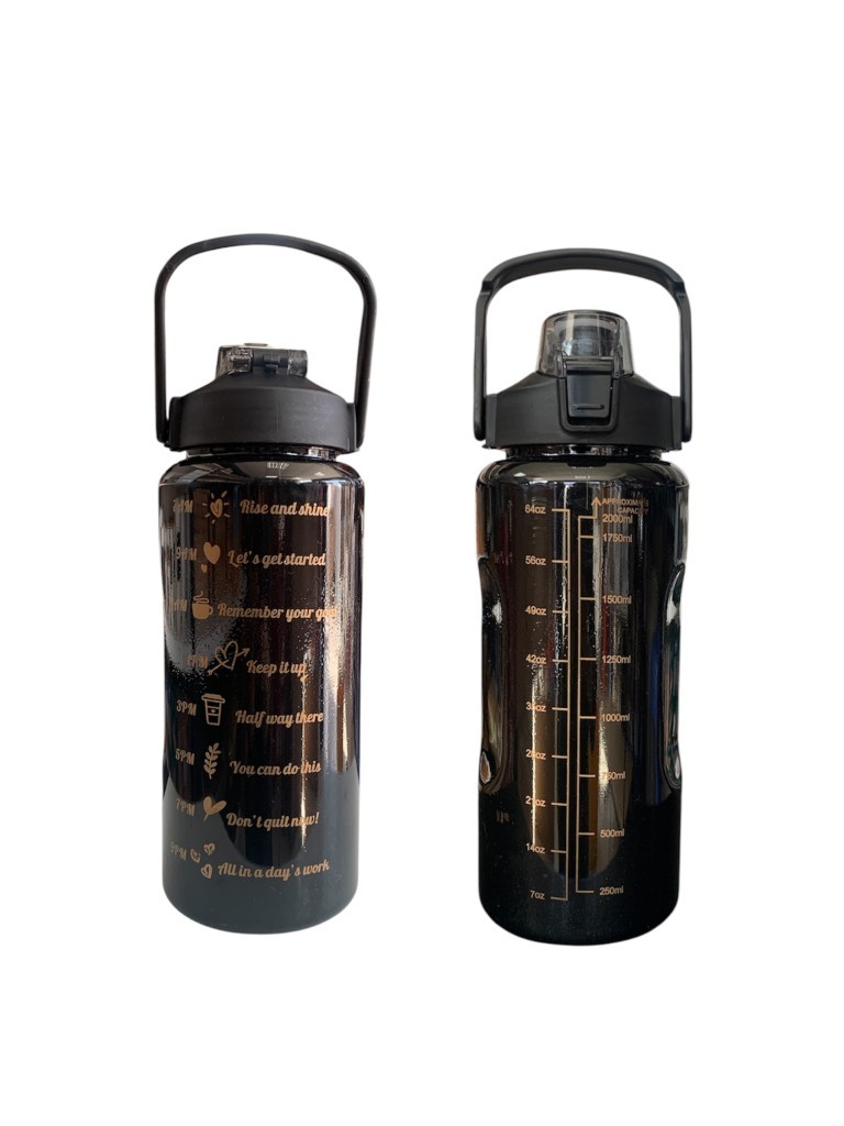 Siyah, 3’lü Set - Sticker’lı Pipetli Matara Seti - 2000ml,900ml,300ml - Resim 2