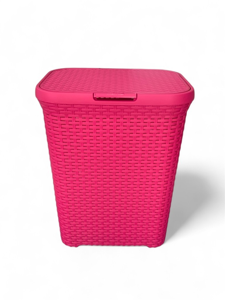 2'li Set Hasır Desenli Plastik Fusya Çamaşır Sepeti & Fusya Çamaşır Selesi - Resim 1