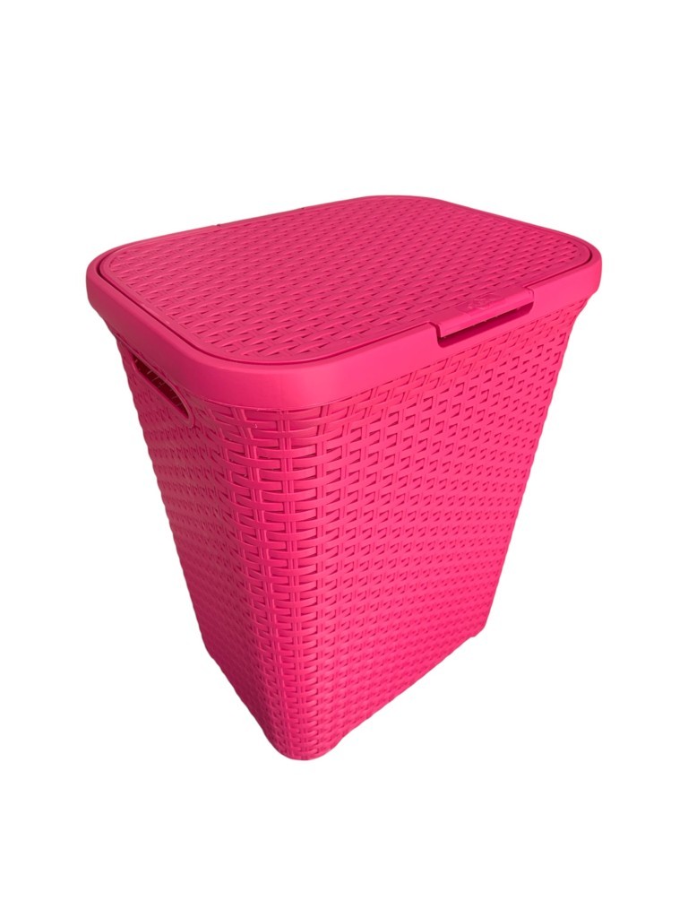 2'li Set Hasır Desenli Plastik Fusya Çamaşır Sepeti & Fusya Çamaşır Selesi - Resim 2