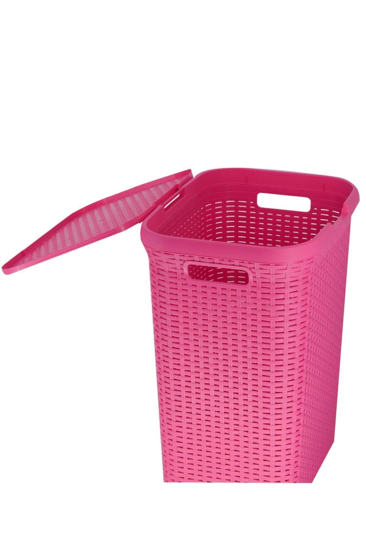 2'li Set Hasır Desenli Plastik Pembe Çamaşır Sepeti & Pembe Çamaşır Selesi - Resim 3