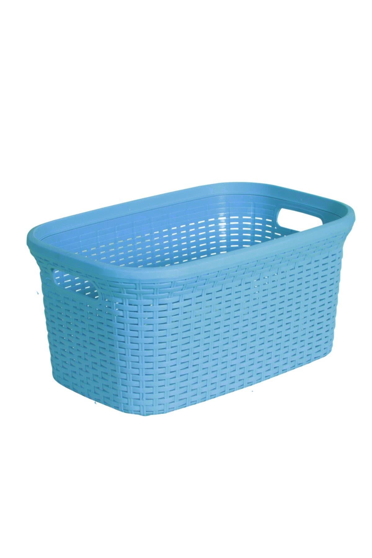 2'li Set Hasır Desenli Plastik Mavi Çamaşır Sepeti & Mavi Çamaşır Selesi - Resim 1