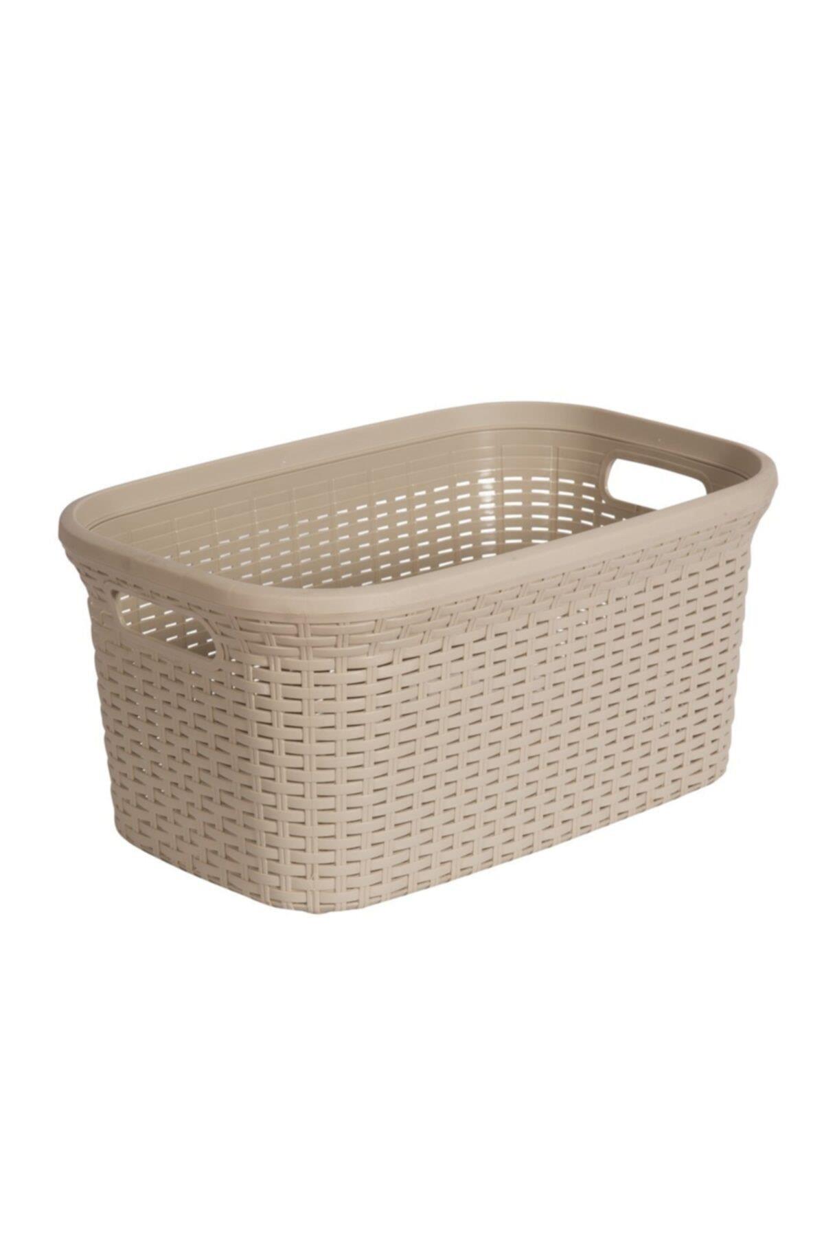 2'li Set Hasır Desenli Plastik Bej Çamaşır Sepeti & Bej Çamaşır Selesi - Resim 1