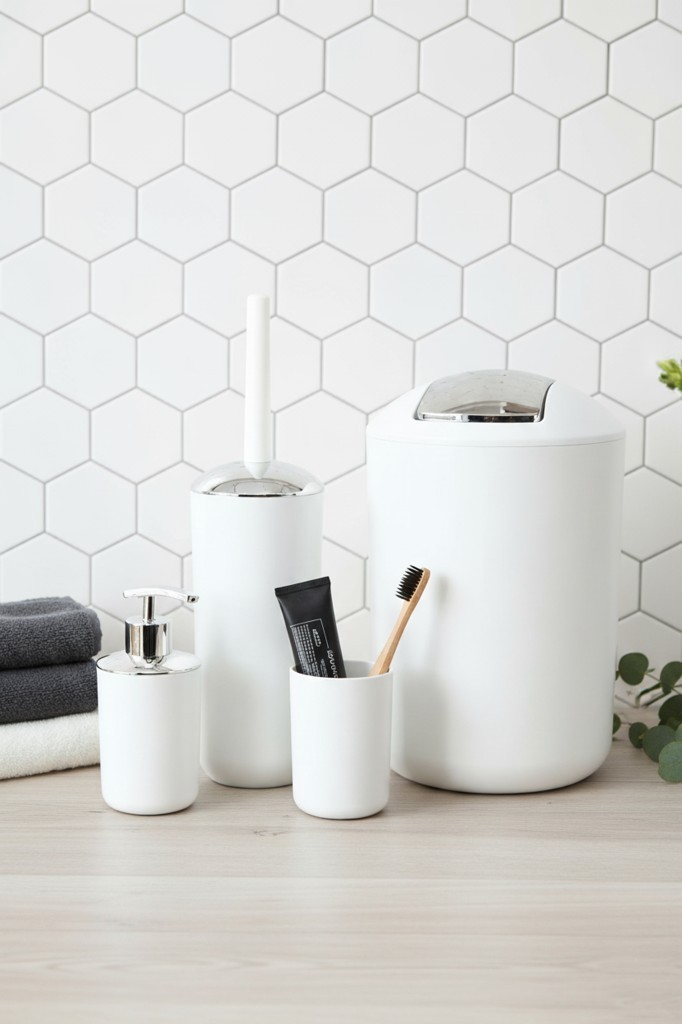 4'lü Beyaz, Banyo Aksesuar Seti, Çöp Kovası Seti - Brazil Model