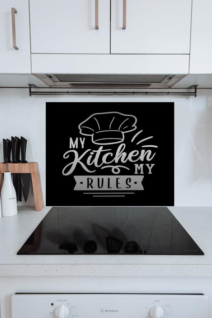 50x60cm - Cam Ocak Koruyucu - My Kitchen Siyah Şapka Desenli